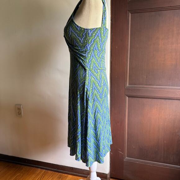 Y2K Vintage FREE PEOPLE | Blue and Green V Neck Fit and Flare Dress Extra Small - Picture 5 of 6